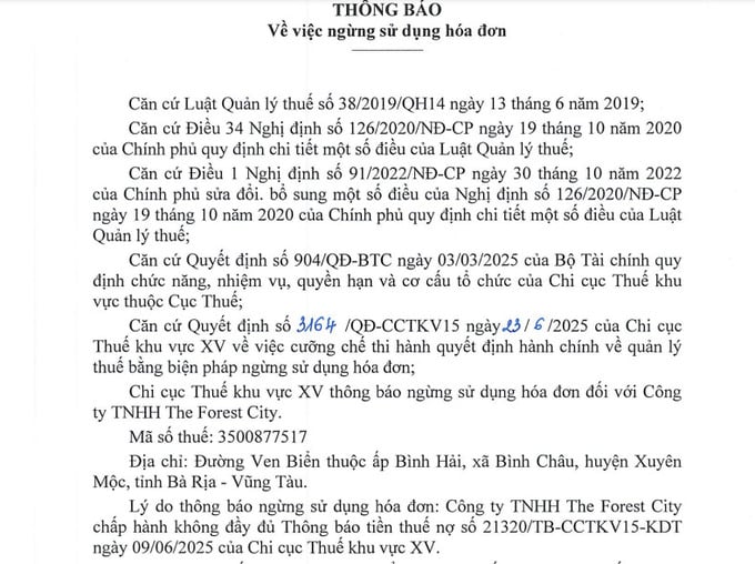 Công ty The Rorest City bị cưỡng chế ngừng sử dụng hóa đơn do nợ thuế hơn 130 tỷ đồng.