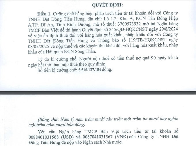 Quyết định cưỡng chế Công ty TNHH Dệt Đông Tiến Hưng.