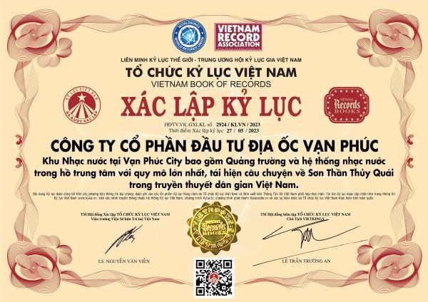 Chứng nhận của Tổ chức Kỷ lục Việt Nam dành cho Van Phuc Water Show.