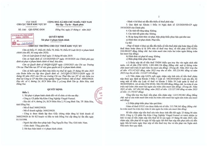 Chi cục Thuế khu vực XV ban hành quyết định xử phạt vi phạm hành chính về thuế đối với Công ty Cổ phần Mạ Kẽm Công Nghiệp Vingal - Vnsteel.