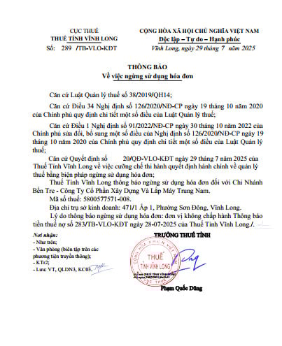 Chi nhánh Bến Tre của Công ty Cổ phần Xây dựng và Lắp máy Trung Nam (Trungnam E&C) vừa bị Thuế tỉnh Vĩnh Long ban hành quyết định cưỡng chế thuế bằng biện pháp ngừng sử dụng hóa đơn do nợ thuế quá hạn hơn 90 ngày, với tổng số tiền hơn 847 triệu đồng.