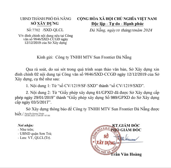 Công văn của Sở Xây dựng đính chính từ GPXD số 61 cấp ngày 29/01/2019 thành GPXD số 989/GPXD cấp ngày 03/5/2017, sau khi Sở TN&MT phản hồi việc cấp sổ đỏ cho nhà trẻ đúng quy định và hồ sơ dự án