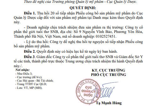 Thu hồi 20 phiếu công bố tiếp nhận sản phẩm mỹ phẩm của Công ty SNB.