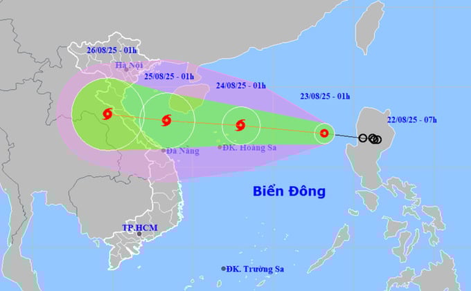 Dự báo vị trí và hướng di chuyển áp thấp nhiệt đới lúc 1h sáng 23/8 - Ảnh: NCHMF.