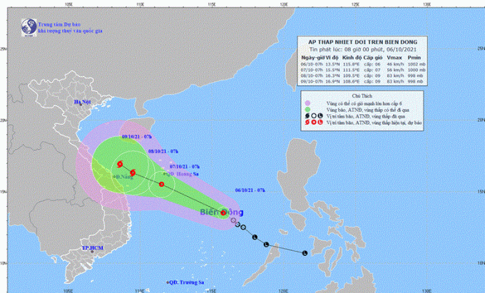 Dự báo vị trí và hướng đi của áp thấp nhiệt đới (Ảnh: Trung tâm dự báo khí tượng thủy văn Quốc gia)