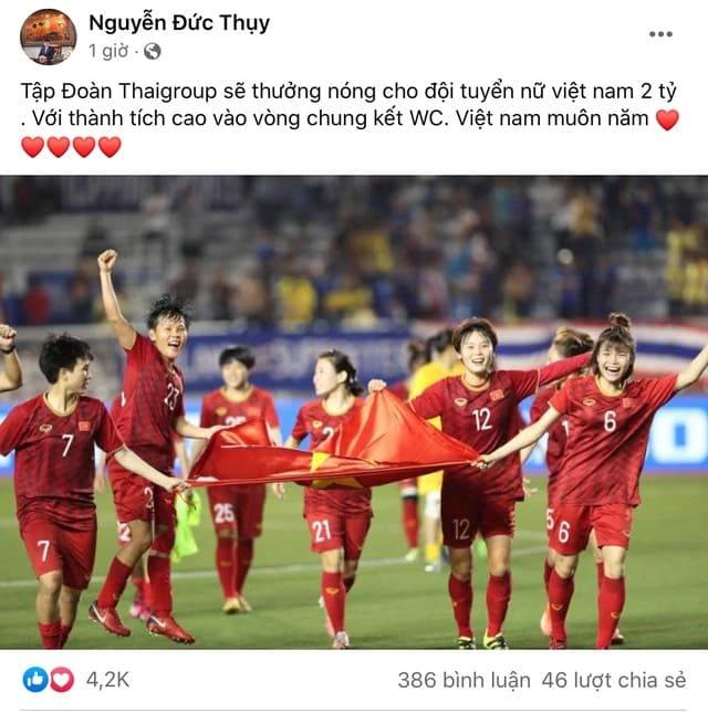 Tập Đoàn Thaigroup sẽ thưởng nóng cho đội tuyển nữ Việt Nam 2 tỷ