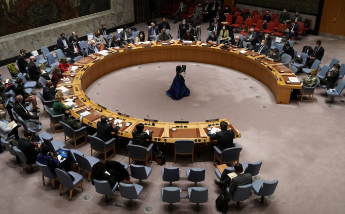 Toàn cảnh phiên họp khẩn của Hội đồng Bảo an Liên Hiệp Quốc về tình hình Ukraine. Ảnh: AFP