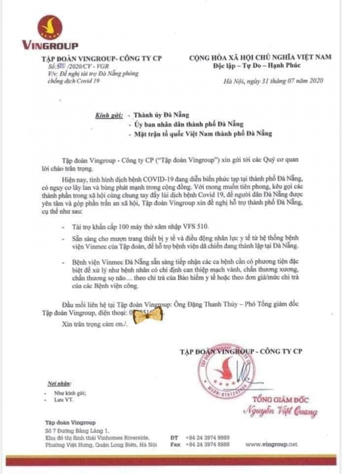 Văn bản Vingroup gửi Thành ủy, Chính quyền Đà Nẵng.