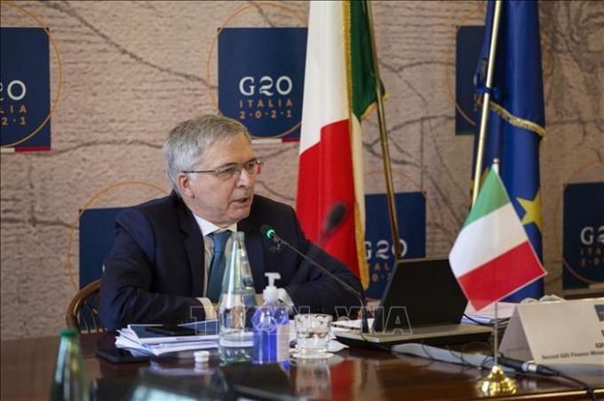 Bộ trưởng Kinh tế Italy Daniele Franco phát biểu tại cuộc họp trực tuyến Bộ trưởng Tài chính G20, ở Rome, ngày 7/4/2021. Ảnh: AFP/TTXVN