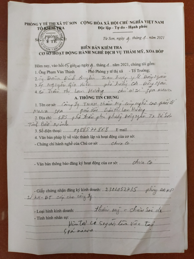 Biên bản kiểm tra của phòng Y tế Thị xã Từ Sơn (Băc Ninh) đối với Viện thẩm mỹ quốc tế Maria có đia chỉ tại tại số 185 Trần Phú, Đông Ngàn, Từ Sơn
