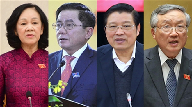 4 Ủy viên Bộ Chính trị tham gia Ban Bí thư: Bà Trương Thị Mai, ông Trần Cẩm Tú, ông Phan Đình Trạc, ông Nguyễn Hòa Bình (từ trái qua)