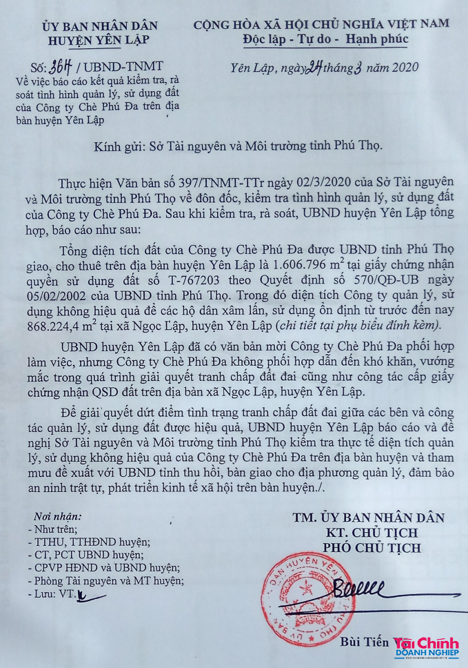 Văn bản số 364/UBND-TNMT của UBND huyện Yên Lập gửi Sở Tài nguyên và Môi trường tỉnh Phú Thọ báo cáo kết quả kiểm tra, rà soát tình hình quản lý sử dụng đất của Công ty Chè Phú Đa trên địa bàn huyện Yên Lập
