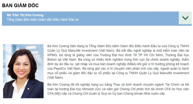Bà Trần Thị Kim Cương - Tổng giám đốc Công ty TNHH Quản lý Quỹ Manulife Investment (Việt Nam)