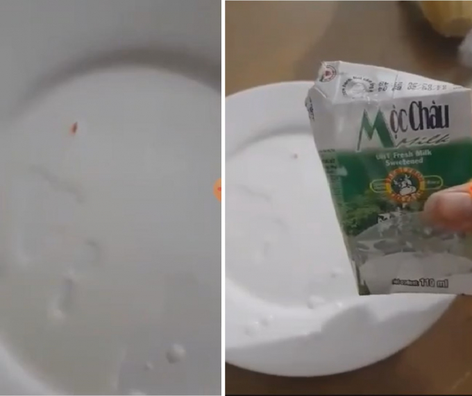 Hình ảnh sữa Mộc Châu có dị vật do khách hàng phản ánh (Ảnh cắt từ clip)