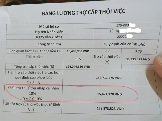 Tiền trợ cấp của công nhân Cty PouYuen Việt Nam bị trừ thuế thu nhập cá nhân 10%. Ảnh: Lam Sơn