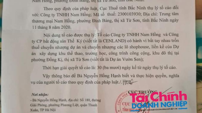 Cục Thuế Bắc Ninh thông báo về việc thụ lý đơn khách hàng tố cáo Senland trốn thuế