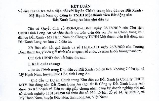 Kết luận Thanh tra chỉ ra nhiều sai phạm ở dự án do Công ty Đất Xanh Long An làm chủ đầu tư.