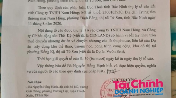 Cục Thuế Bắc Ninh thông báo về việc thụ lý đơn khách hàng tố cáo Cenland trốn thuế