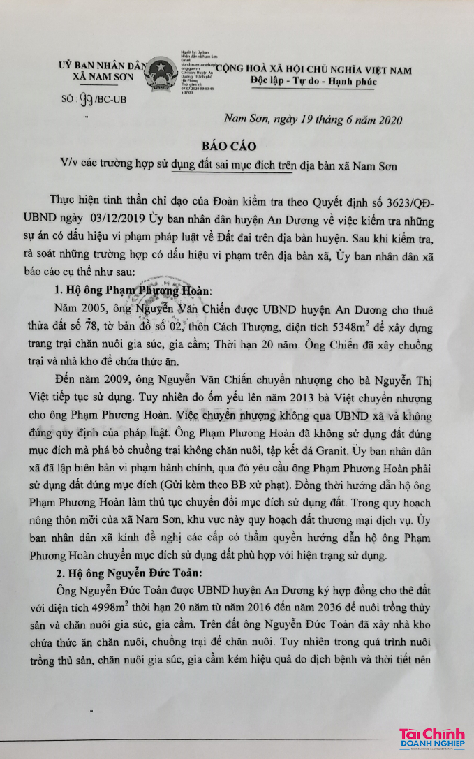 Tháng 6/2020 UBND xã Nam Sơn sau 3 lần gửi giấy mời Cty Việt Hà không lên đã có công văn gửi UBND huyện An Dương phối hợp xử lý, nhưng đến nay vẫn chưa có chỉ đạo gì mới?