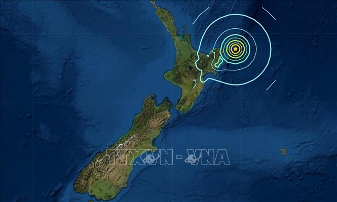 Bản đồ mô tả vị trí một trận động đất khiến cảnh báo sóng thần được ban bố tại New Zealand ngày 5/3/2021. Ảnh: Hazards/TTXVN