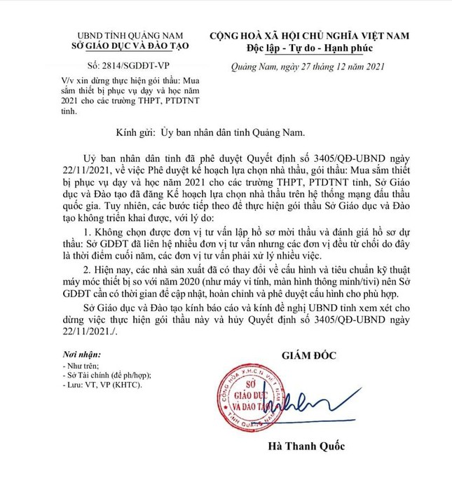 Văn bản xin dừng thực hiện gói thầu do ông Hà Thanh Quốc ký trước khi nghỉ hưu.