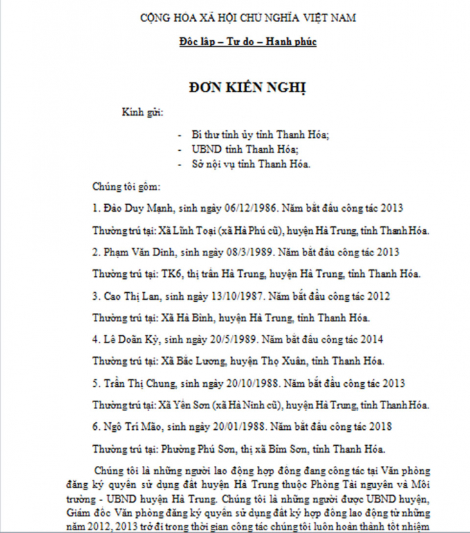 Đơn kiến nghị lên Bí thư tỉnh ủy Thanh Hóa, UBND tỉnh Thanh Hóa của tập thể cán bộ đang công tác tại Văn phòng đăng lý QSD đất huyện Hà Trung, tỉnh Thanh Hóa về việc Sở Tài nguyên và Môi trường tổ chức xét tuyển viên chức có nhiều bất cập, không bám sát vào Quy định của UBND tỉnh.