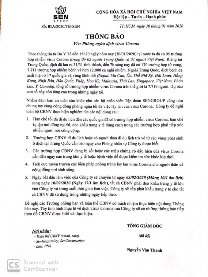 Tập đoàn SEN Group cho toàn thể cán bộ nhân viên của mình nghỉ tết thêm 1 tuần để đề phòng virus Corona