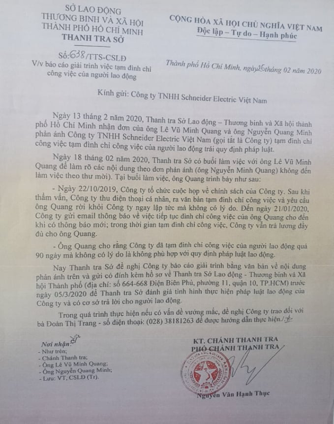 Người lao động phản ánh việc làm sai trái của Scheider Electric Việt Nam đến Sở Lao động Thương binh Xã hội Tp.HCM