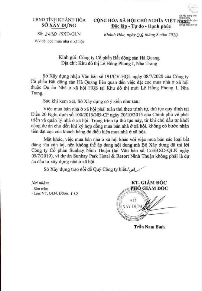 Sở Xây dựng Khánh Hoà và Công ty Cổ phần Bất động sản Hà Quang 
