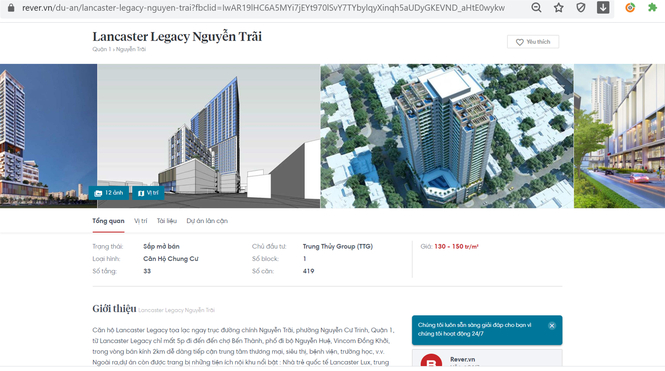 Website Rever.vn (của Công ty TNHH Công nghệ bất động sản Rever) quảng cáo thông tin về dự án Lancaster Legacy.