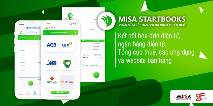 Phần mềm kế toán cho doanh nghiệp siêu nhỏ MISA StartBooks.vn kết nối hóa đơn điện tử, ngân hàng điện tử, Tổng Cục thuế, các ứng dụng và website bán hàng
