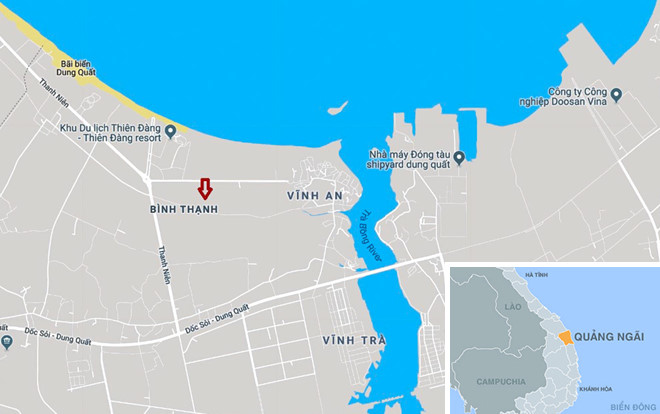Khu đô thị công nghiệp Dung Quất (mũi tên đỏ) ở gần khu du lịch Thiên Đàng (xã Bình Thạnh, huyện Bình Sơn). Ảnh: Google Maps.