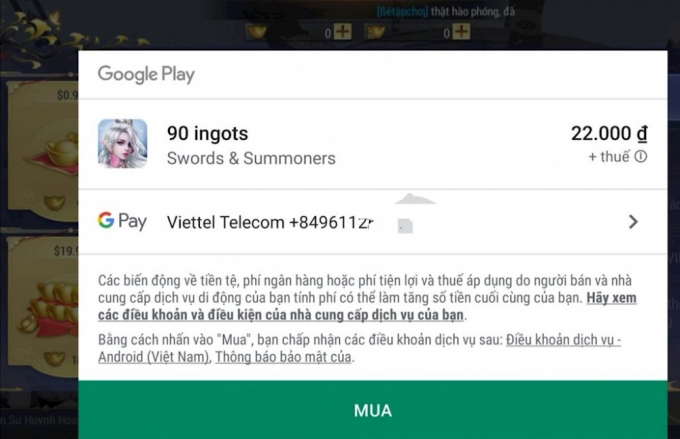 Thanh toán game lậu trên Google bằng thuê bao Viettel