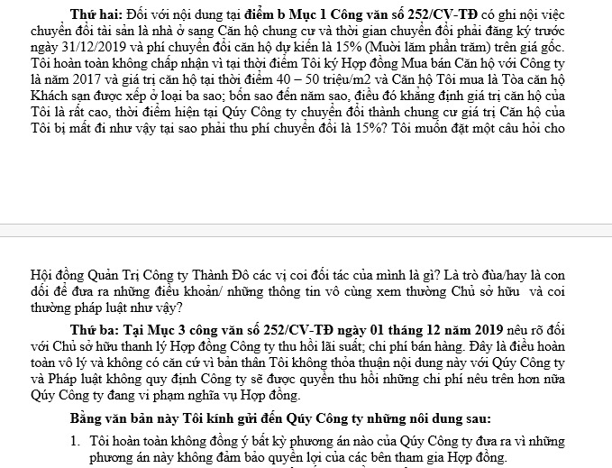 Trích nội dung văn bản phản hồi của nhà đầu tư nêu trên gửi tới Công ty Thành Đô về các giải pháp cụ thể mà Thành Đô đưa ra.