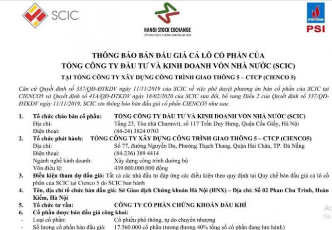 Sở GDCK Hà Nội thông báo SCIC thoái vốn tại Cienco5.