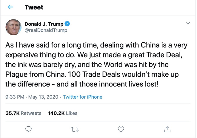 Ông Trump đăng dòng tweet cho rằng giao dịch với Trung Quốc luôn 