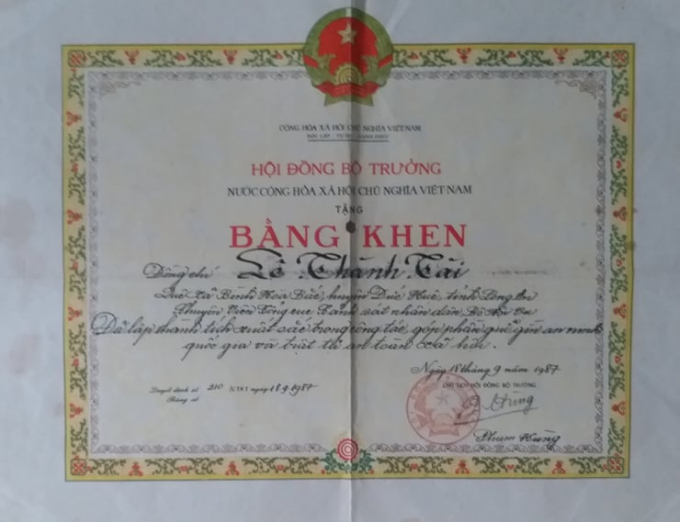 Bằng khen của Hội đồng Bộ trưởng (nay là Chinh phủ) tặng cụ Lê Thành Tài