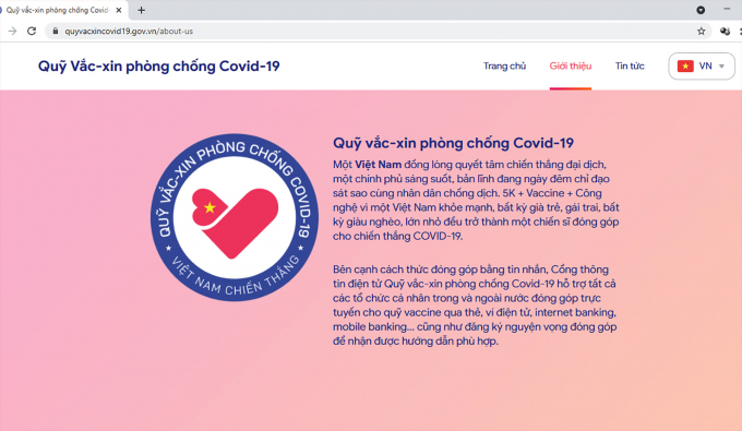 Website của Quỹ Vắc xin phòng chống Covid-19 là nơi tiếp nhận sự ủng hộ của các tổ chức, cá nhân trong và ngoài nước (ảnh: Đ.Minh)