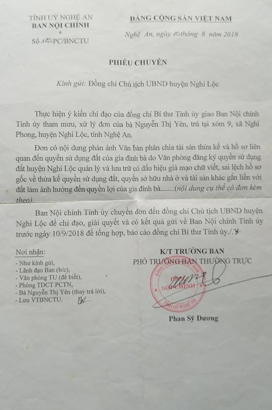 Phiếu chuyển của Ban Nội chính Tỉnh ủy Nghệ An gửi UBND huyện Nghi Lộc