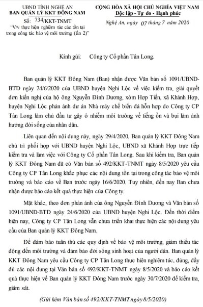Văn bản lần thứ 2 của BQL KKT Đông Nam gửi Công ty CP Tân Long.