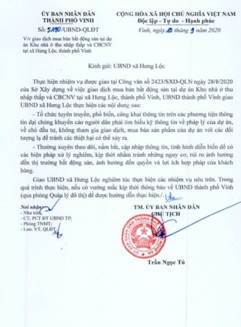 Văn bản chủ đạo của UBND TP Vinh (Nghệ An).