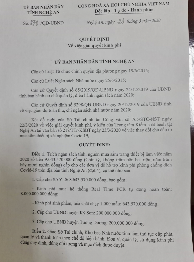 Trước đó UBND tỉnh Nghệ An đã duyệt kinh phí 8 tỷ đồng để mua máy xét nghiệm Covid 19.