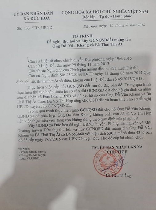 Tờ trình Đề nghị thu hồi và hủy GCNQSDĐ mang tên ông Đỗ Văn Khang và bà Thái Thị Ất