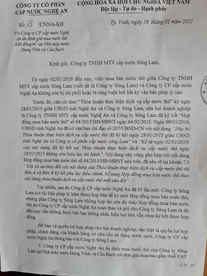 Công văn của Công ty CP cấp nước Nghệ An gửi Công ty TNHH MTV Cấp nước Sông Lam.