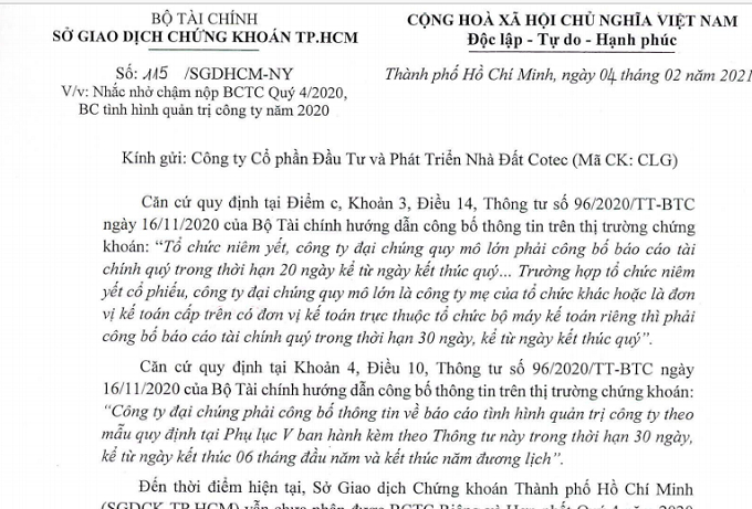 Thông báo của Sở GDCK TP Hồ Chí Minh.