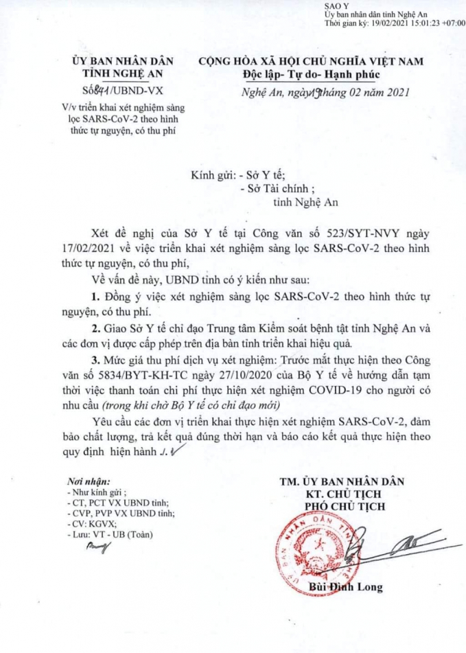 Văn bản của UBND tỉnh Nghệ An về việc triển khai xét nghiệm sàng lọc SARS-COV-2 theo hình thức tự nguyện, có thu phí.