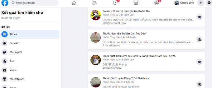 Với từ khóa Đông y gia truyền, người tiêu dùng có thể tìm kiếm hàng trăm nhà thuốc online trên mạng xã hội