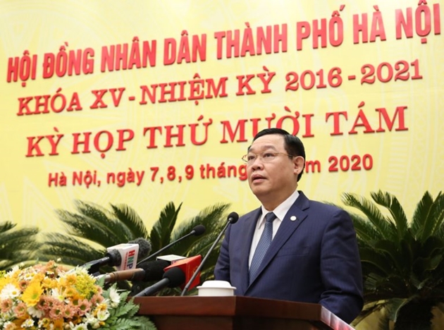 Bí thư Thành ủy Hà Nội Vương Đình Huệ phát biểu tại Kỳ họp thứ 18 HĐND TP Hà Nội.