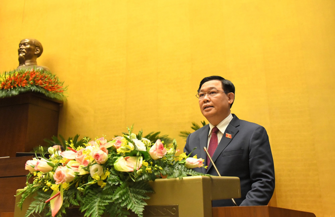 Chủ tịch Quốc hội Vương Đình Huệ phát biểu bế mạc kỳ họp thứ 11 Quốc hội khóa XIV.