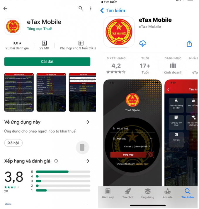 Ứng dụng eTax Mobile V1.0 trên thư viện App store và CH play.